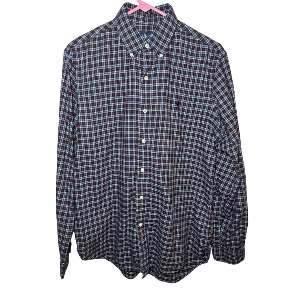 Ralph Lauren Mens Medium Plaid Button Down Shirt Black Blue Red Long Sleeve